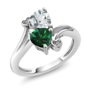 Gem Stone King 925 Sterling Silver Sky Blue Aquamarine Green Nano Emerald and White Diamond Ring For Women (1.38 Cttw, Heart Shape 6MM, Gemstone March Birthstone, Available In Size 5, 6, 7, 8, 9)