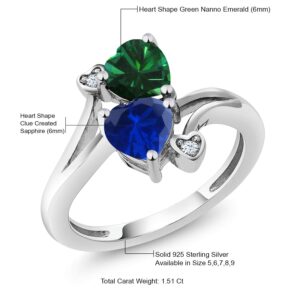 Gem Stone King 925 Sterling Silver Green Nano Emerald Blue Created Sapphire Ring For Women (1.51 Cttw, Heart Shape 6MM, Gemstone May Birthstone, Available In Size 5, 6, 7, 8, 9)