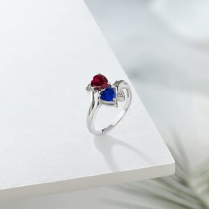 Gem Stone King 925 Sterling Silver Red Created Ruby Blue Created Sapphire and White Diamond Ring For Women (1.80 Cttw, Heart Shape 6MM, Available In Size 5, 6, 7, 8, 9)