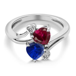 Gem Stone King 925 Sterling Silver Red Created Ruby Blue Created Sapphire and White Diamond Ring For Women (1.80 Cttw, Heart Shape 6MM, Available In Size 5, 6, 7, 8, 9)