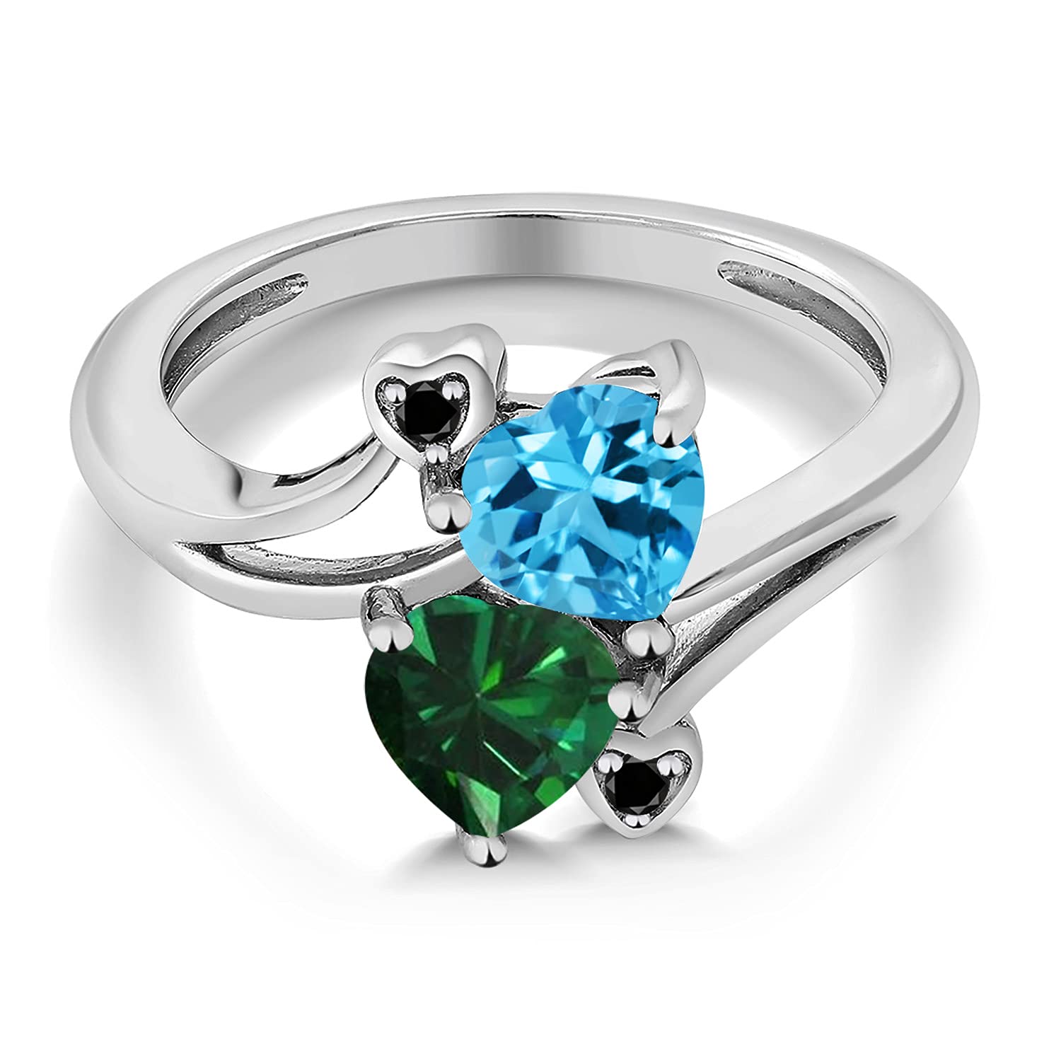 Gem Stone King 925 Sterling Silver Swiss Blue Topaz Green Nano Emerald and Black Diamond Ring For Women (1.66 Cttw, Heart Shape 6MM, Gemstone November Birthstone, Available In Size 5, 6, 7, 8, 9)