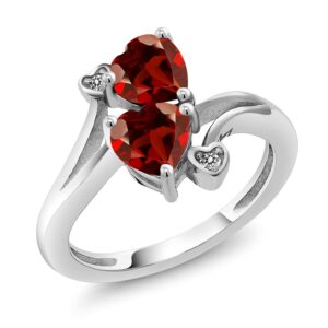 Gem Stone King 925 Sterling Silver Red Garnet and White Diamond Ring For Women | 2.03 Cttw | Heart Shape 6MM | Gemstone January Birthstone | Available In Size 5, 6, 7, 8, 9