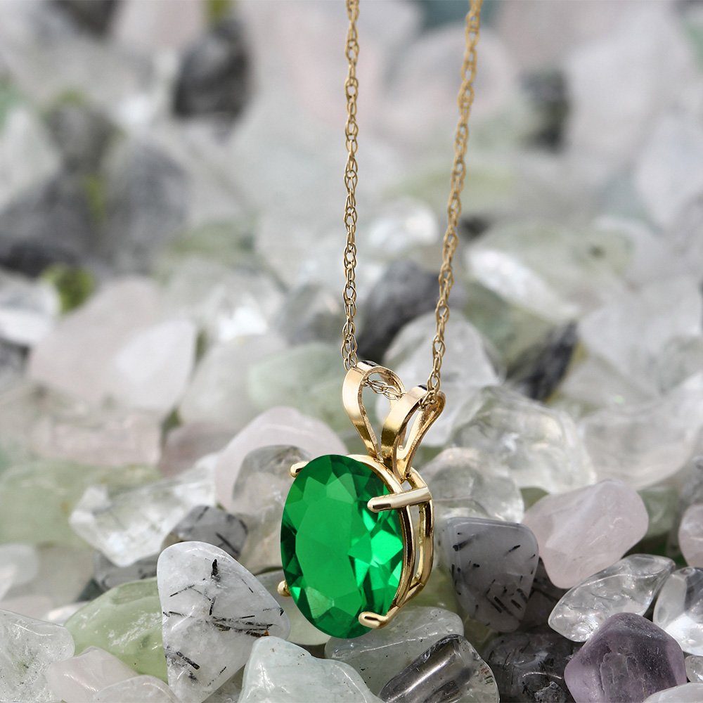 Gem Stone King 14K Yellow Gold Green Nano Emerald Pendant Necklace For Women (2.20 Cttw, Gemstone May Birthstone, Oval 10X8MM, With 18 Inch Chain)