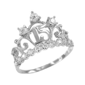 10K White Gold White Cubic Zirconia Studded Tiara Crown Sweet 15 Años Milgrain Quinceanera Statement Ring - Size 9-1/4