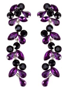 alilang metal tone grape colored stone embellished flower leaves dangling earrings, purple