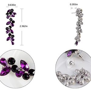 Alilang Metal Tone Grape Colored Stone Embellished Flower Leaves Dangling Earrings, Purple