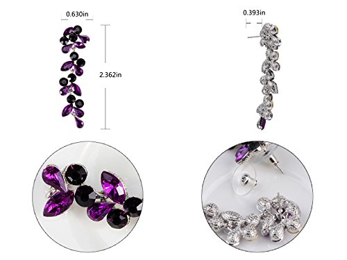 Alilang Metal Tone Grape Colored Stone Embellished Flower Leaves Dangling Earrings, Purple