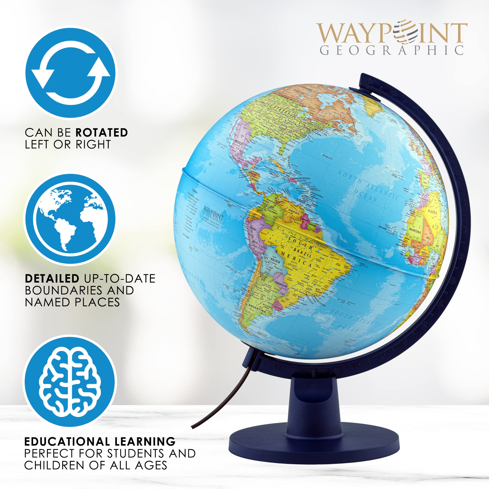 Waypoint Geographic Scout Illuminated, Decorative Classroom Globe with Stand, World Globe with More than 4000 Places, 12” Interactive Globe with Political Mapping, Blue