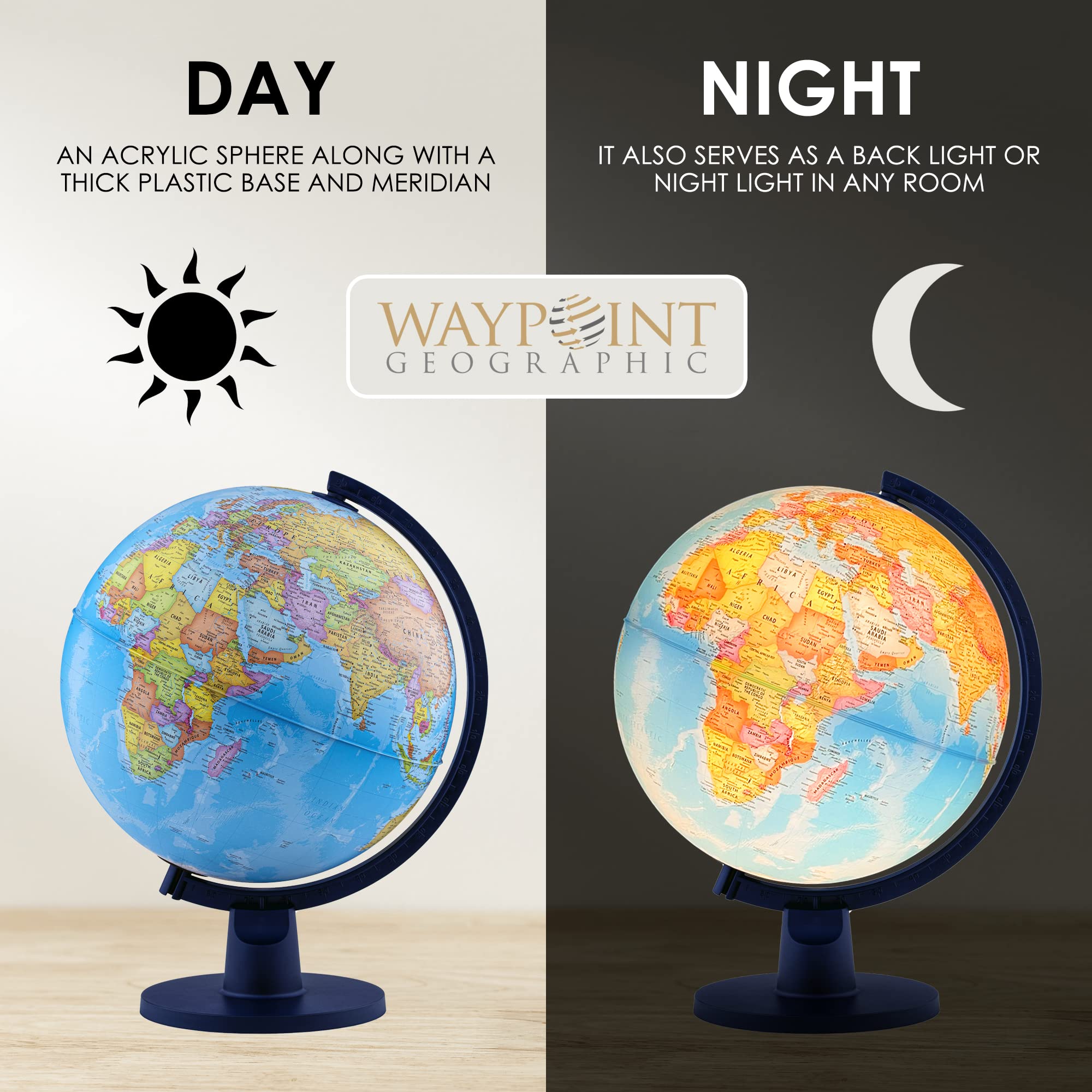 Waypoint Geographic Scout Illuminated, Decorative Classroom Globe with Stand, World Globe with More than 4000 Places, 12” Interactive Globe with Political Mapping, Blue