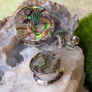 Lobal Domination PAIR Abalone Inlay Steel Screw Fit Plugs Tunnels Earlets Gauges Pierced Body Jewelry (6g (4mm))