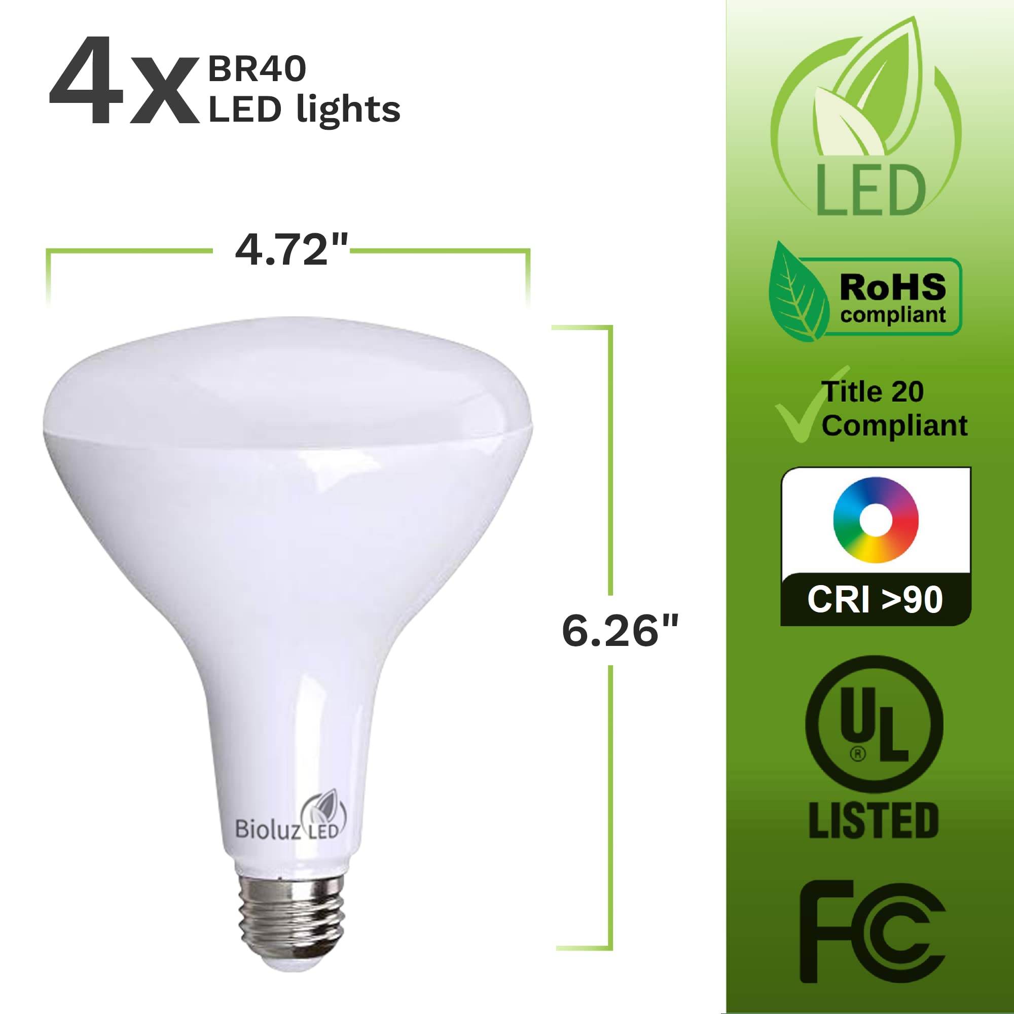 Bioluz LED 4 Pack Brightest BR40 LED Bulbs 90 CRI INSTANT ON Warm White 2700K 16W = 120W Replacement Bulb 1400 Lumen Indoor/Outdoor Smooth Dimmable Lamp UL Listed Title 20 Compliant