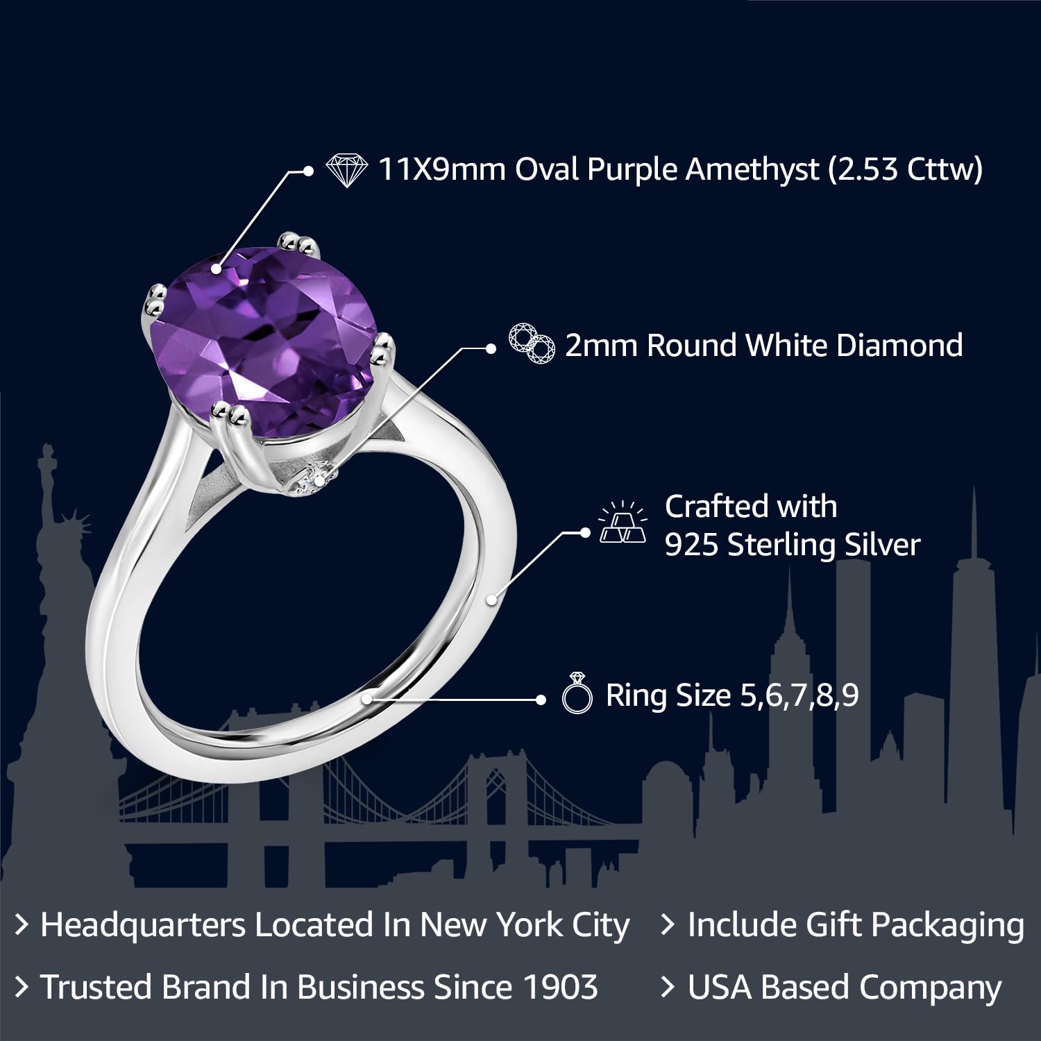 Gem Stone King 925 Sterling Silver Purple Amethyst and White Diamond Ring For Women (2.53 Cttw, Oval 11X9MM, Gemstone Birthstone, Available in size 5, 6, 7, 8, 9)