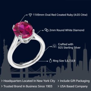 Gem Stone King 925 Sterling Silver Red Created Ruby and White Diamond Solitaire Engagement Ring For Women (4.03 Cttw, Oval 11X9MM, Available in size 5, 6, 7, 8, 9)