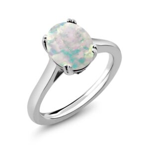 gem stone king 925 sterling silver white simulated opal and white diamond women solitaire ring (2.03 ct oval cabochon 11x9mm, gemstone birthstone, available in size 5, 6, 7, 8, 9)