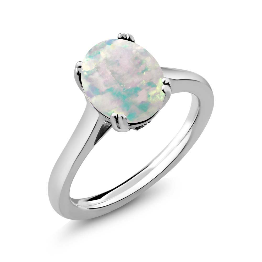 Gem Stone King 925 Sterling Silver White Simulated Opal and White Diamond Women Solitaire Ring (2.03 Ct Oval Cabochon 11X9MM, Gemstone Birthstone, Available In Size 5, 6, 7, 8, 9)