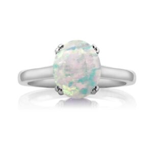 Gem Stone King 925 Sterling Silver White Simulated Opal and White Diamond Women Solitaire Ring (2.03 Ct Oval Cabochon 11X9MM, Gemstone Birthstone, Available In Size 5, 6, 7, 8, 9)