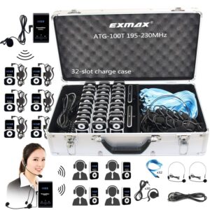 exmax® atg-100t 195mhz wireless tour guide monitoring voice audio transmission system+aluminium charging case for teaching tour guides conference church museum(1 transmitters and 30 receivers)