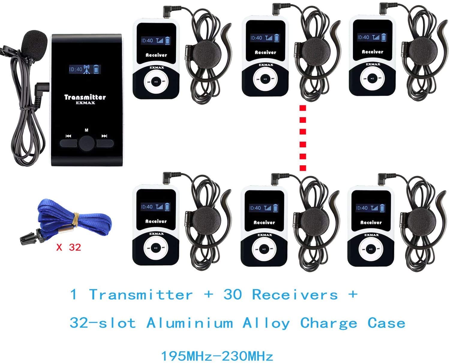 EXMAX® ATG-100T 195MHz Wireless Tour Guide Monitoring Voice Audio Transmission System+Aluminium Charging Case for Teaching Tour Guides Conference Church Museum(1 Transmitters and 30 Receivers)