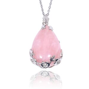 KISSPAT Natural Teardrop Rose Quartz Pendant Necklace on 20" Stainless Steel Chain