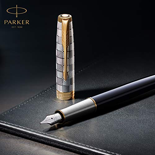 PARKER Sonnet Fountain Pen, Chiseled Silver with Gold Trim, Solid 18k Gold Fine Nib (1931489)