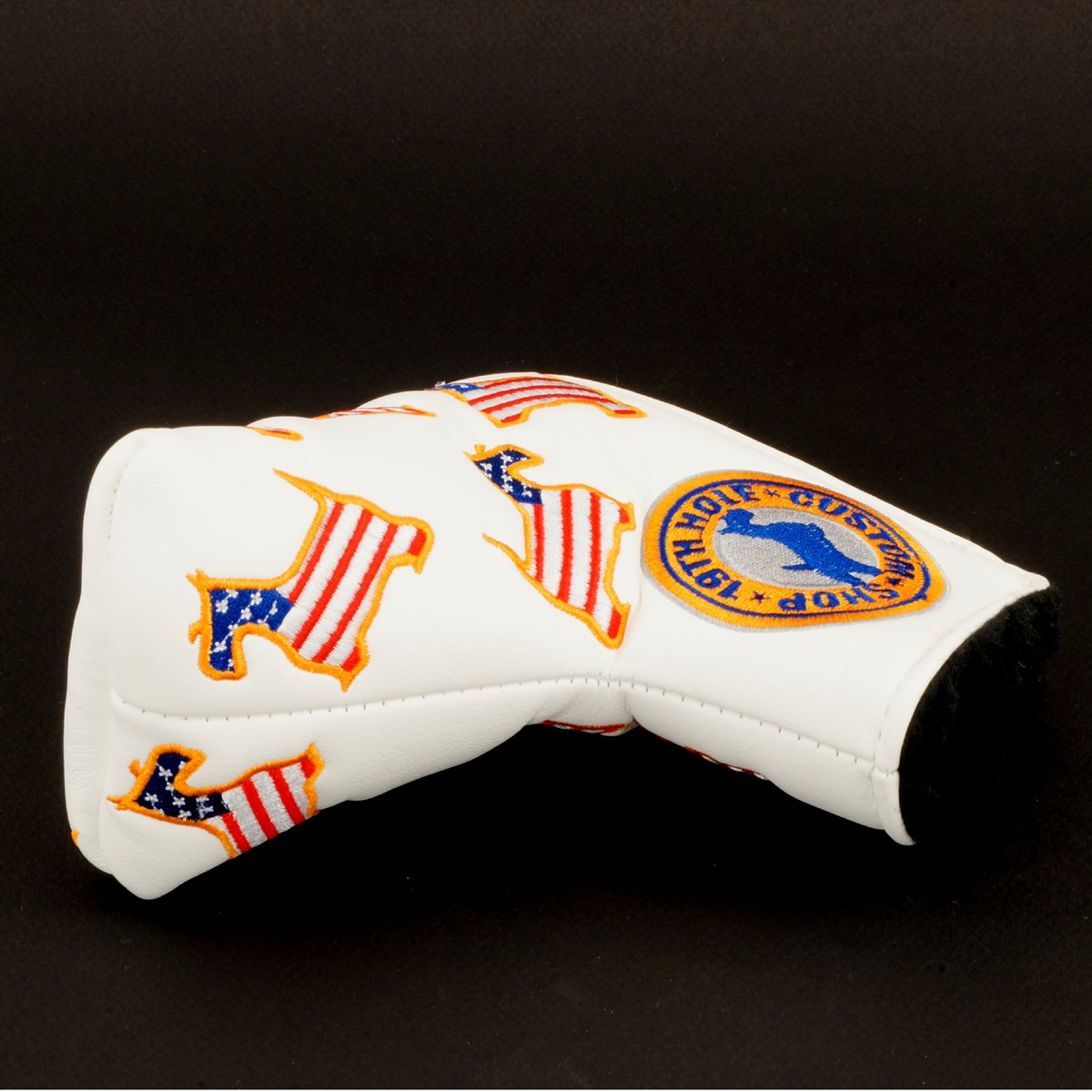 US Flag Dancing Scottie Dog Headcover for Blade and Midsize Mallet Putter, White, Golf Head Cover