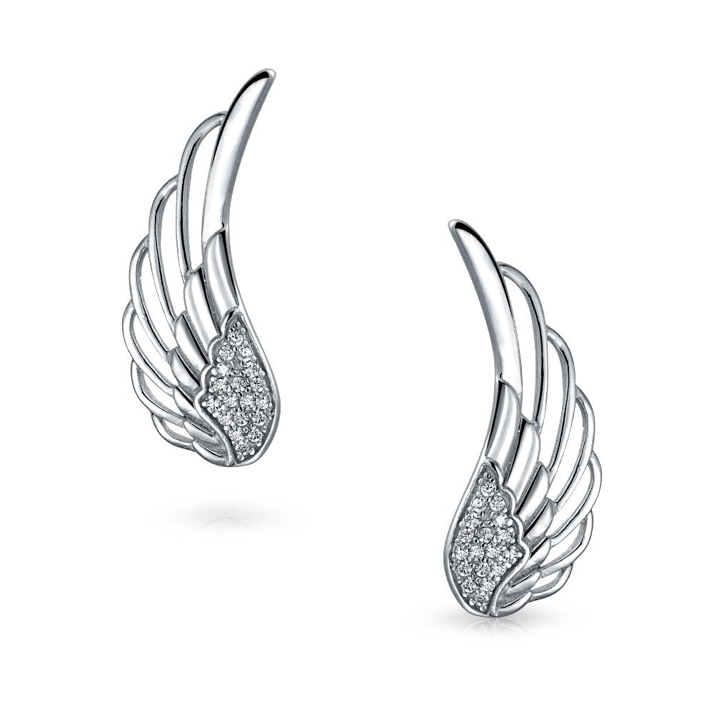 Trendy Crawler Spiritual Feather Guardian Angel Wing Ear Pin Climbers Earrings For Women Cubic Zirconia Pave CZ .925 Sterling Silver