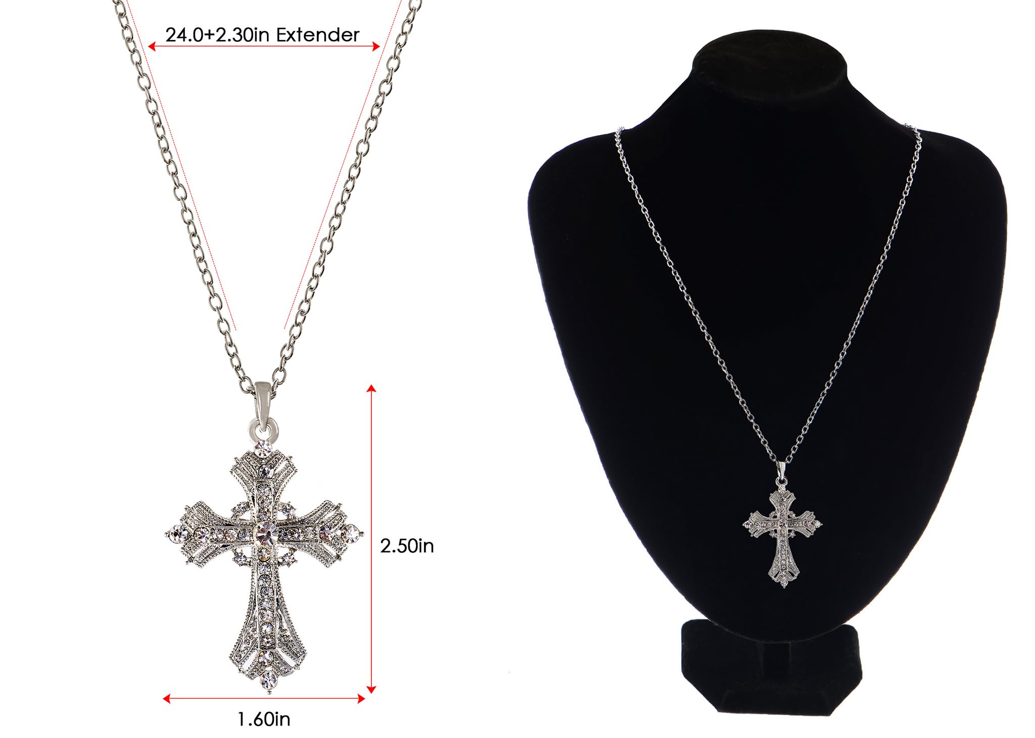 Alilang Silvery Tone Religious Cross Pendant Necklace Clear Crystal Rhinestones,Silver Clear