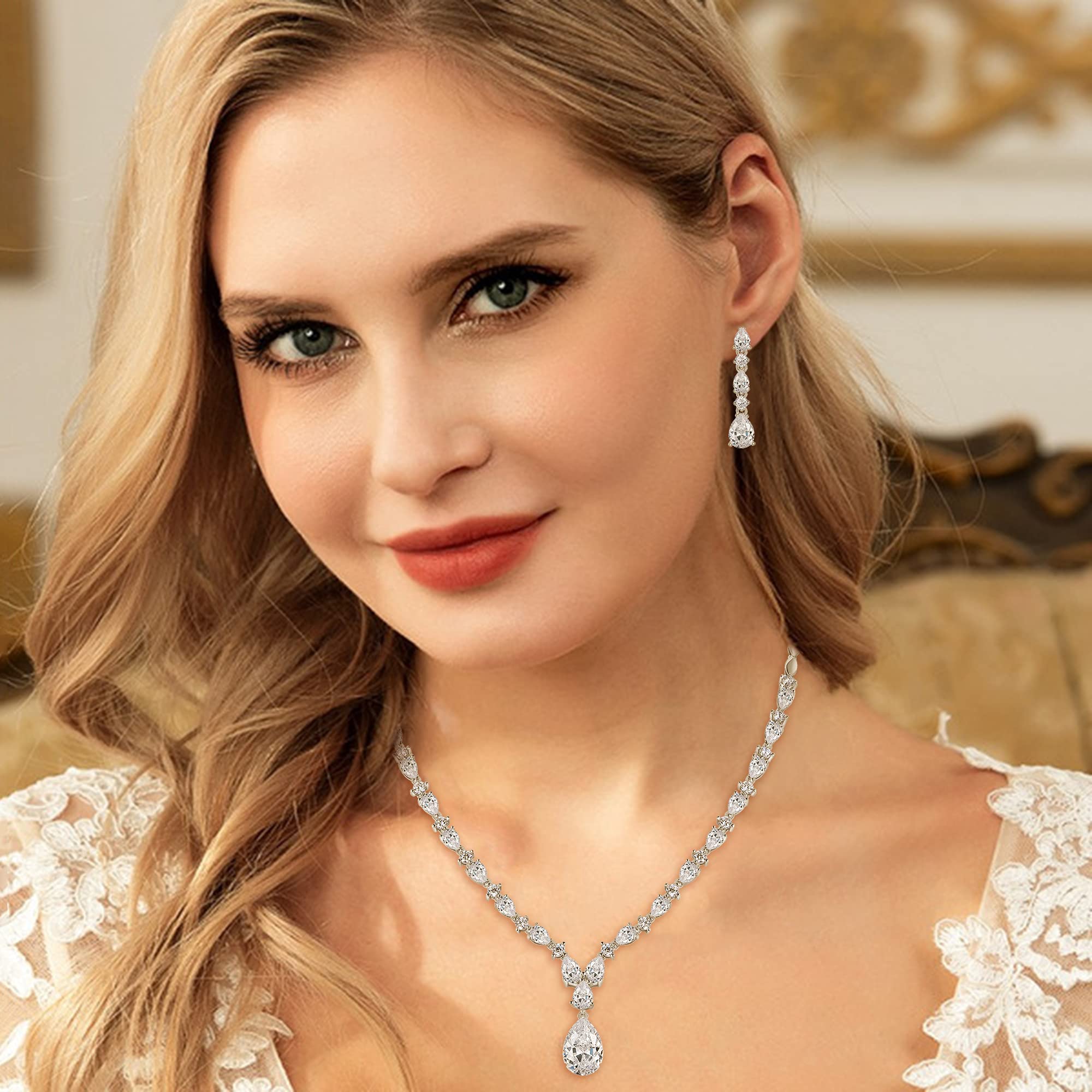 EVER FAITH Wedding Jewelry for Bride Cubic Zirconia Charming Water Drop Bridal Pendant Necklace Earrings Set Clear Silver-Tone