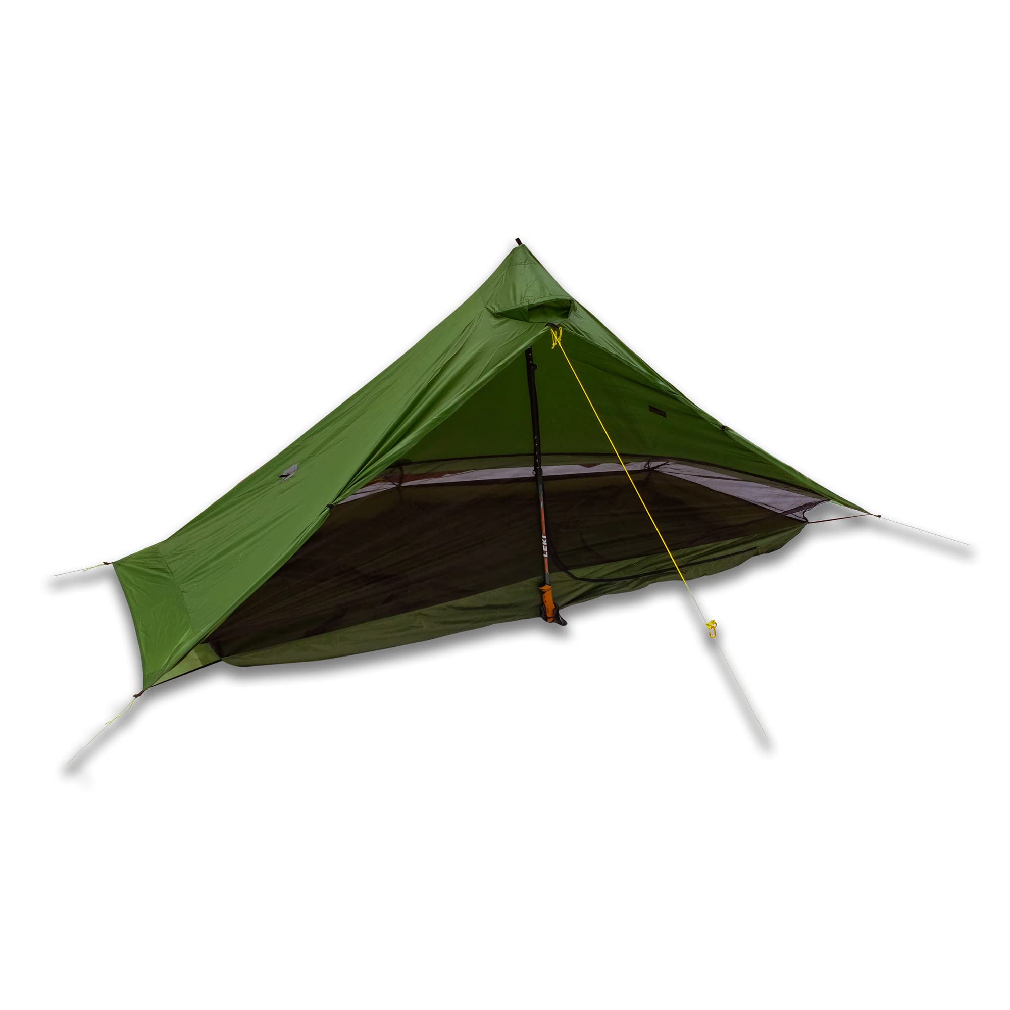 Six Moon Designs Lunar Solo Green 1 Person Ultralight Tent. 26 oz. Backpacking Tent. 100% Silicone Coated Polyester Material for Reduced Fabric Stretch & Volume. Trekking Pole Setup.