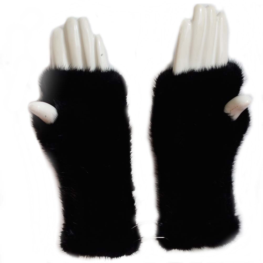 Valpeak 8'' Womens Winter Mittens Knitted Mink Fur Fingerless Gloves (Black)