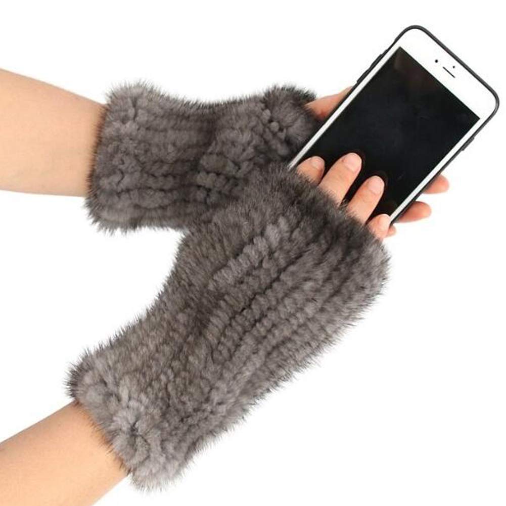 Valpeak 8'' Womens Winter Mittens Knitted Mink Fur Fingerless Gloves (Black)