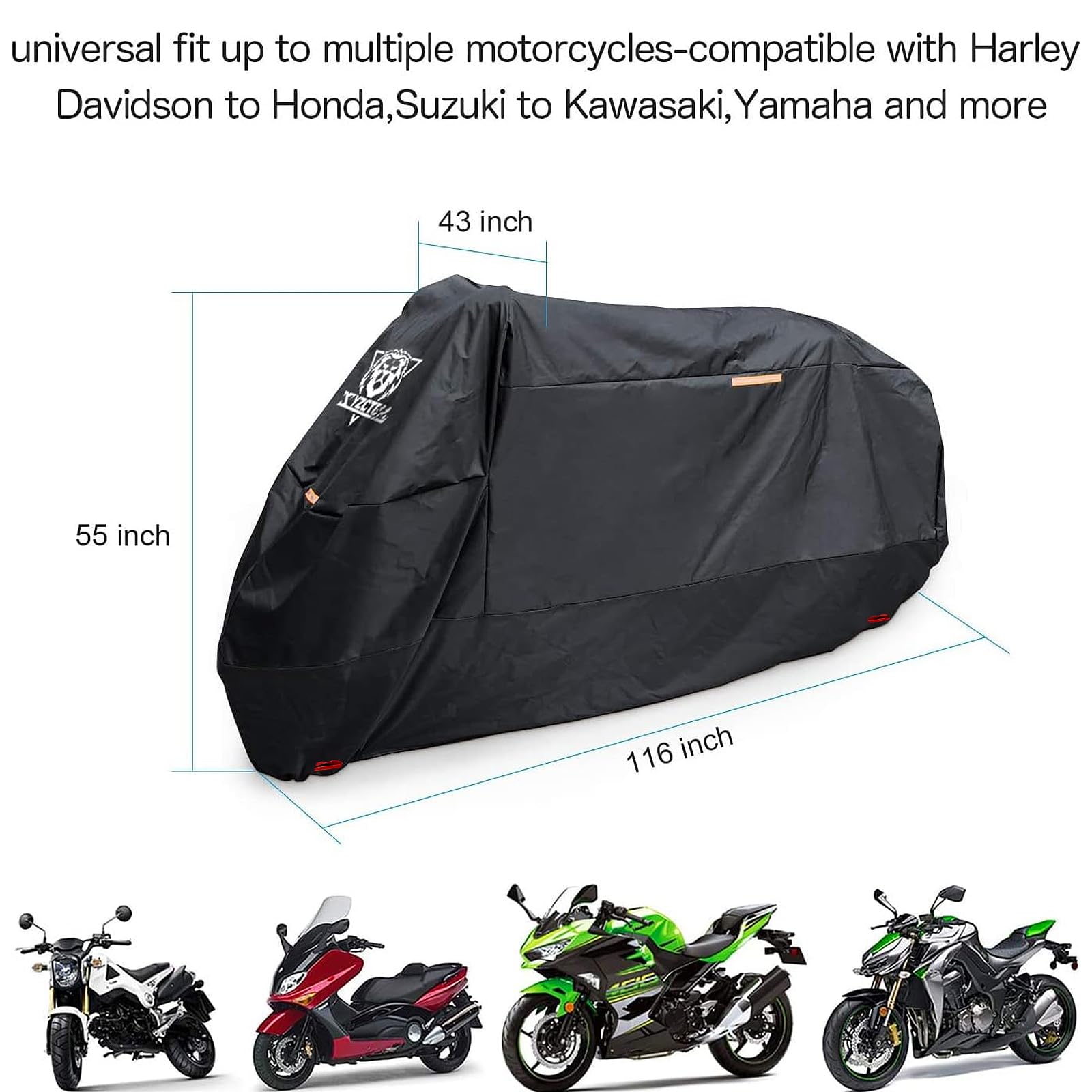 XYZCTEM Motorcycle Cover -Waterproof Outdoor Storage Bag,Made of Heavy Duty Material, Fits up to 116" Harley Davison and All Motors(Black& Lockholes& Professional Windproof Strap) (XXXL)