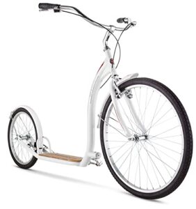 schwinn shuffle adult scooter, 26-inch front wheel, 20-inch rear wheel, alloy linear pull brakes, steel frame, white