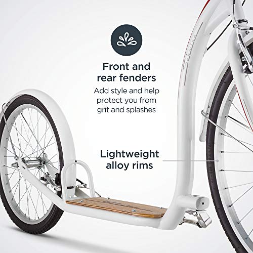 Schwinn Shuffle Adult Scooter, 26-Inch Front Wheel, 20-Inch Rear Wheel, Alloy Linear Pull Brakes, Steel Frame, White