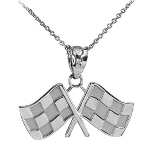 Claddagh Gold .925 Sterling Silver 2/3” x 7/8" Checkered Racing Flags Charm Pendant Necklace - 16"