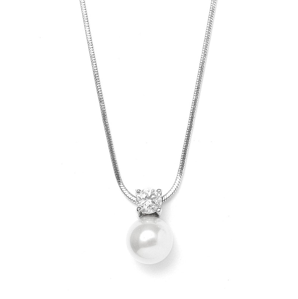 Mariell White Pearl Bridal, Bridesmaid Necklace with Cubic Zirconia Crystal, Pearl Wedding Jewelry, Perfect for Mother of the Bride, Birthday Gift, Everyday Wear