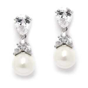 mariell pearl drop bridal clip-on earrings with cz crystal for brides, weddings, prom, birthday gift