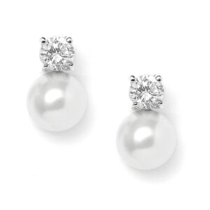 mariell white pearl bridal earrings with cubic zirconia crystal top, 9mm white pearl stud earring, perfect for brides, bridesmaids, wedding party and everyday wear