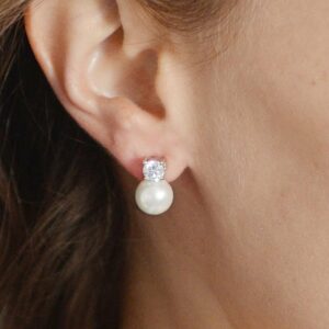 Mariell White Pearl Bridal Earrings with Cubic Zirconia Crystal Top, 9mm White Pearl Stud Earring, Perfect for Brides, Bridesmaids, Wedding Party and Everyday Wear