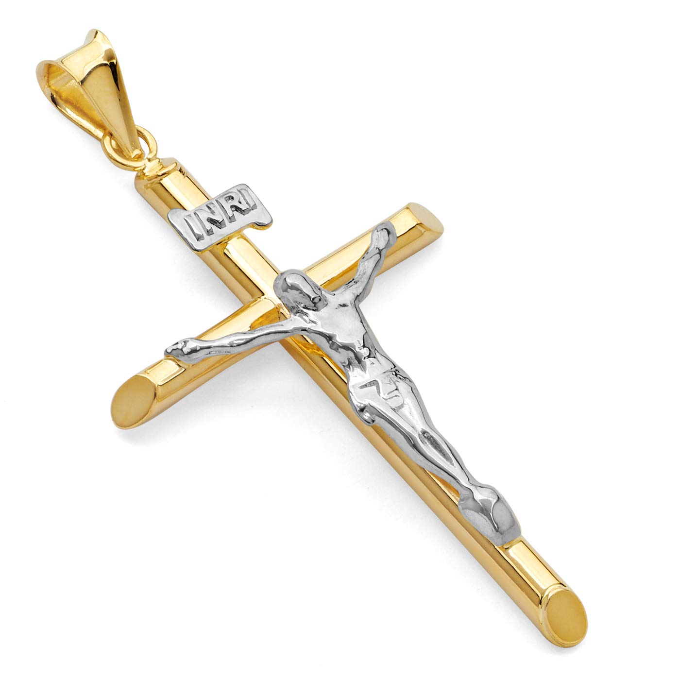 The World Jewelry Center 14k REAL Two Tone Gold Religious Crucifix Jesus Cross Charm Pendant (50 x 25 mm)