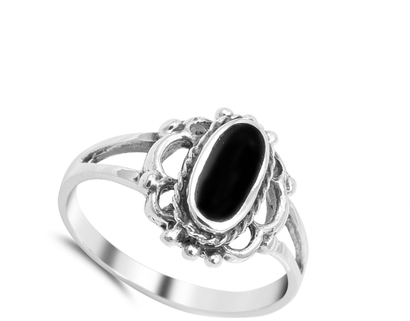 Long Oval Simulated Black Onyx Bali Bead Ring New .925 Sterling Silver Band Size 9