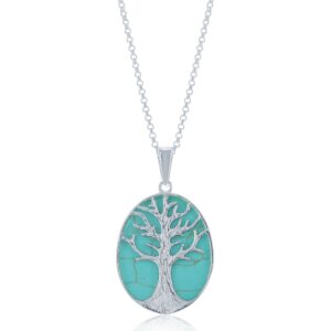 Beaux Bijoux Sterling Silver Natural Stone Turquoise Tree of Life Oval Pendant w/ 18" Thick Rolo Chain/Necklace