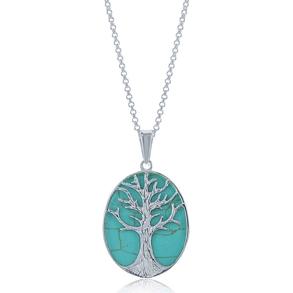 Beaux Bijoux Sterling Silver Natural Stone Turquoise Tree of Life Oval Pendant w/ 18" Thick Rolo Chain/Necklace