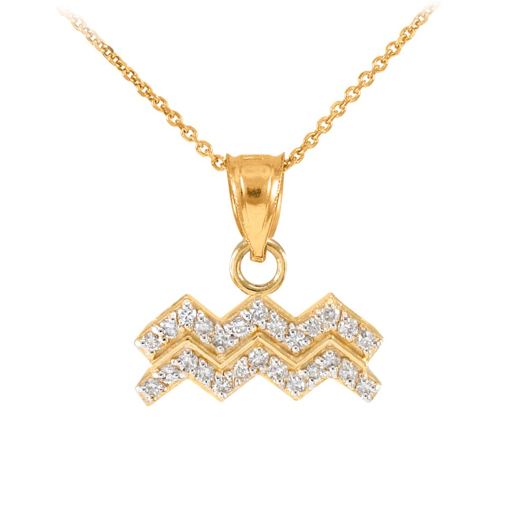 High Polish 14k Yellow Gold Diamond Aquarius Zodiac Pendant Necklace, 22"