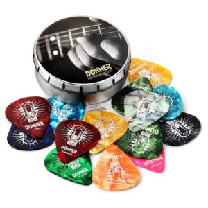 donner guitar picks celluloid 16 pack for acoustic guitar electric guitar ukulele,includes thin,medium, heavy & extra heavy picks with case