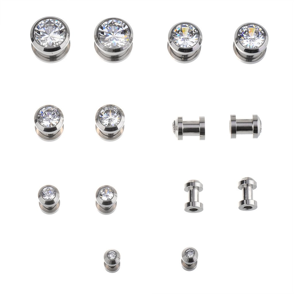 IPINK Punk Pair 8g- 1/2 Inch Stainless Steel Cubic Zirconia Screw Tunnels Ear Stretcher Plugs Piercing Gauge