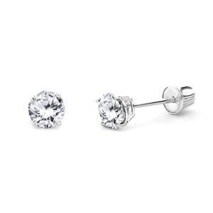 14k REAL White Gold 4mm Round Solitaire Basket Set Stud Earrings with Screw Back