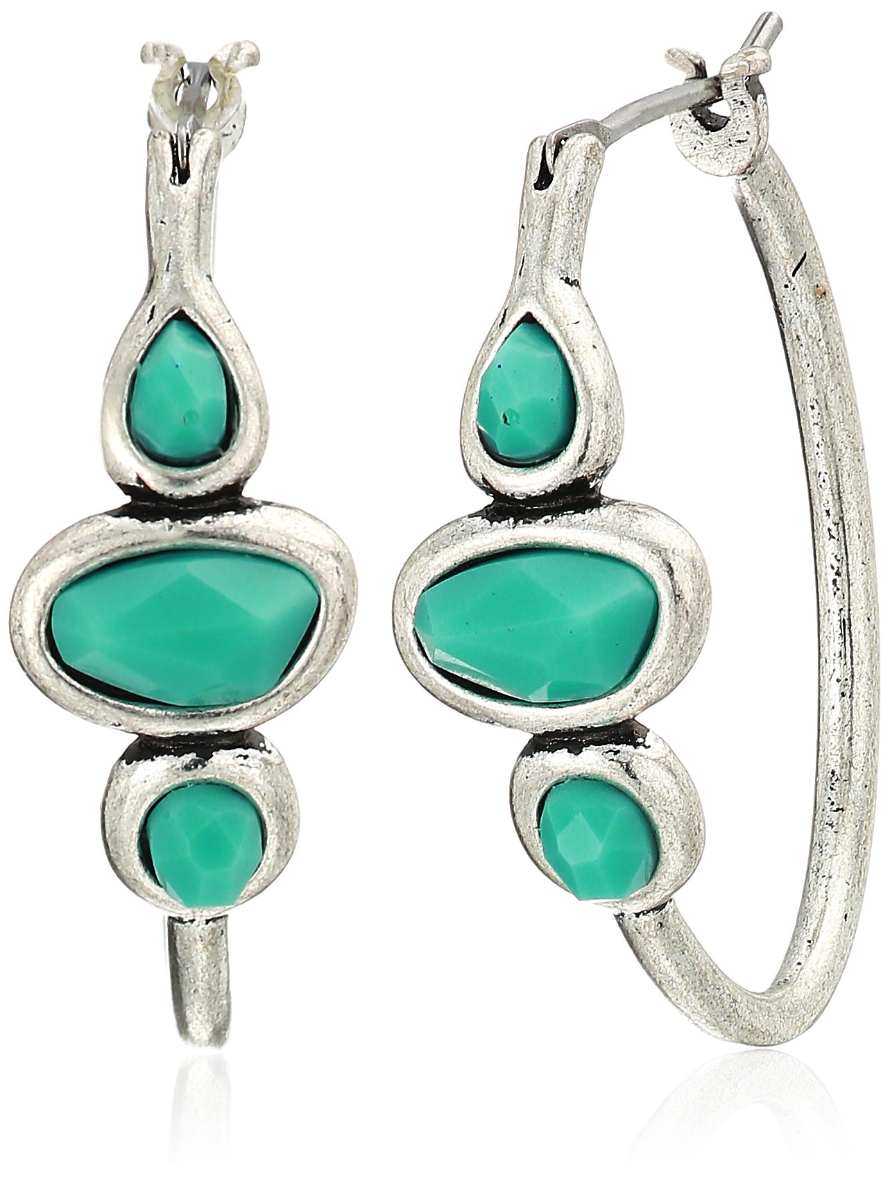 Lucky Brand Silver-Tone Turquoise 1" Hoops Earrings, One Size, Silver and Green