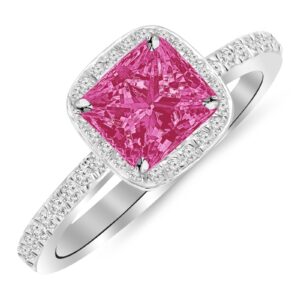 1.25 carat 14k white gold classic halo style cushion shape diamond engagement ring with a 1 carat natural pink sapphire center (heirloom quality)