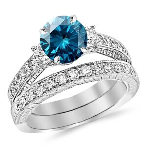 3.03 carat 14k white gold three stone vintage with milgrain & filigree bridal set with wedding band & diamond engagement ring with a 2 carat blue diamond center (heirloom quality)